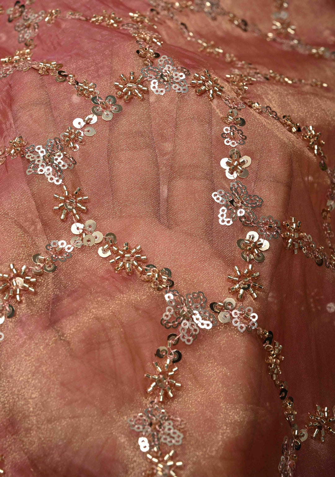 Pink Sequin Jaal on Shimmer Organza Saree with Sequins, Cutdana Detailing and Scallop Border