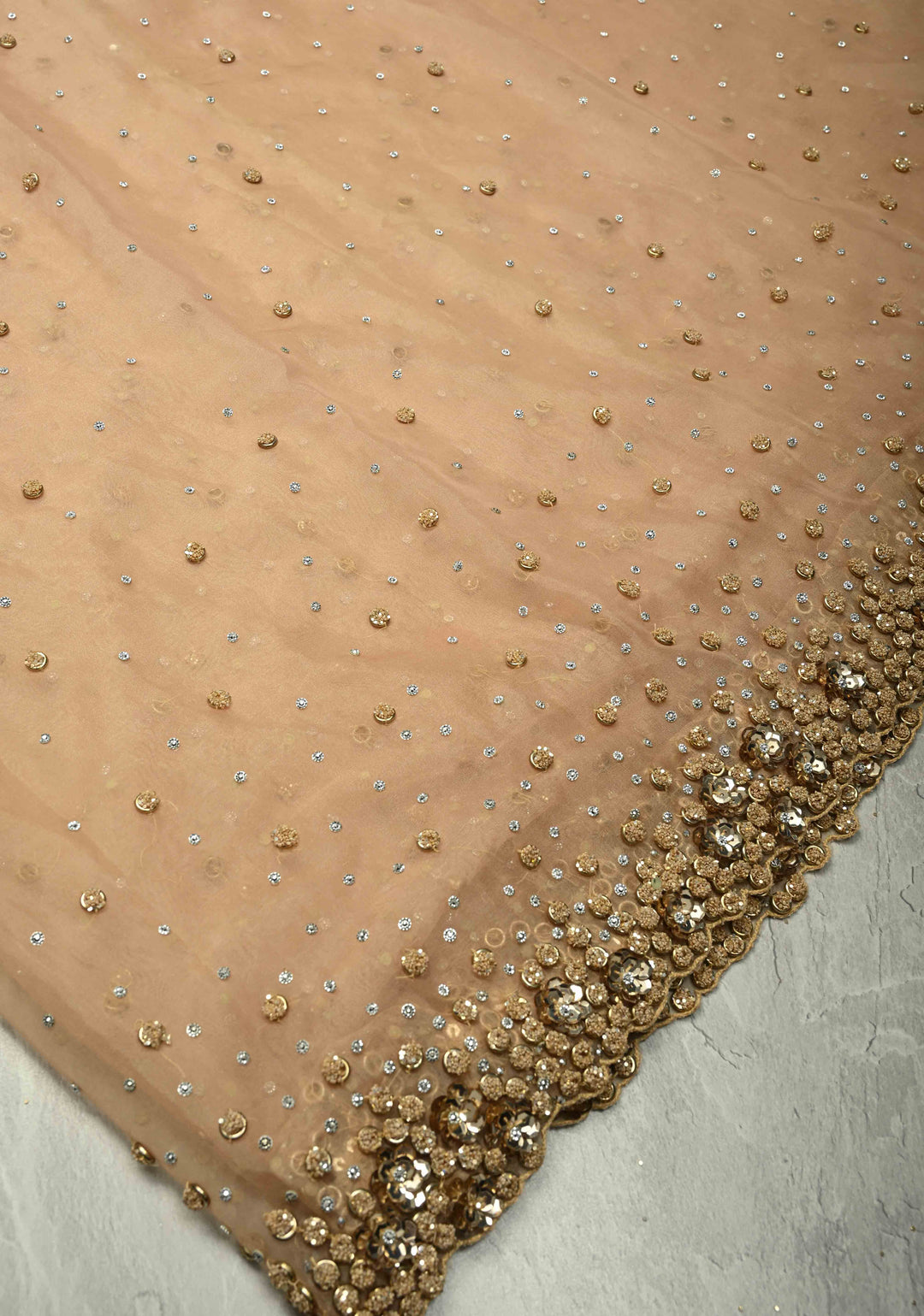 Chiku Color Embellished Organza Saree with Stone, Sequins and Contemporary Scallop Border