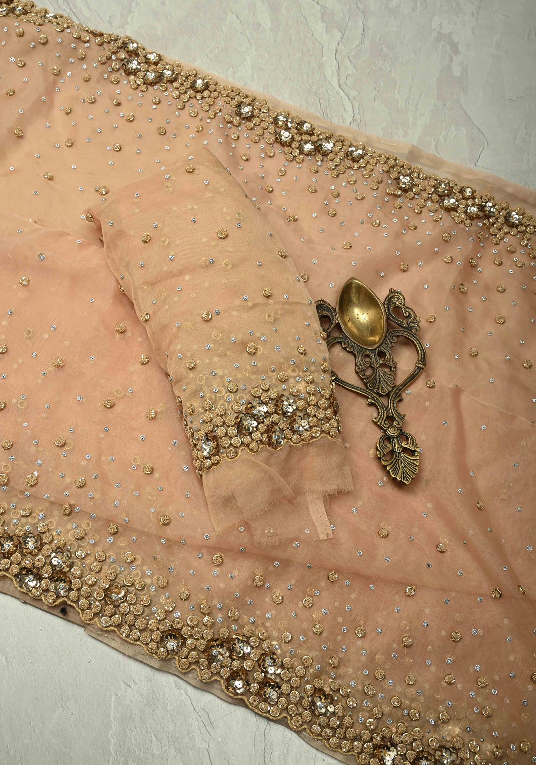 Chiku Color Embellished Organza Saree with Stone, Sequins and Contemporary Scallop Border
