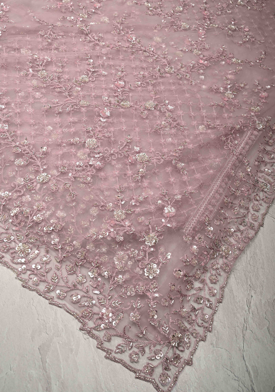Dusty Mauve Floral jaal on Net Saree with Sequins, Cutdana Handwork and Scallop Border