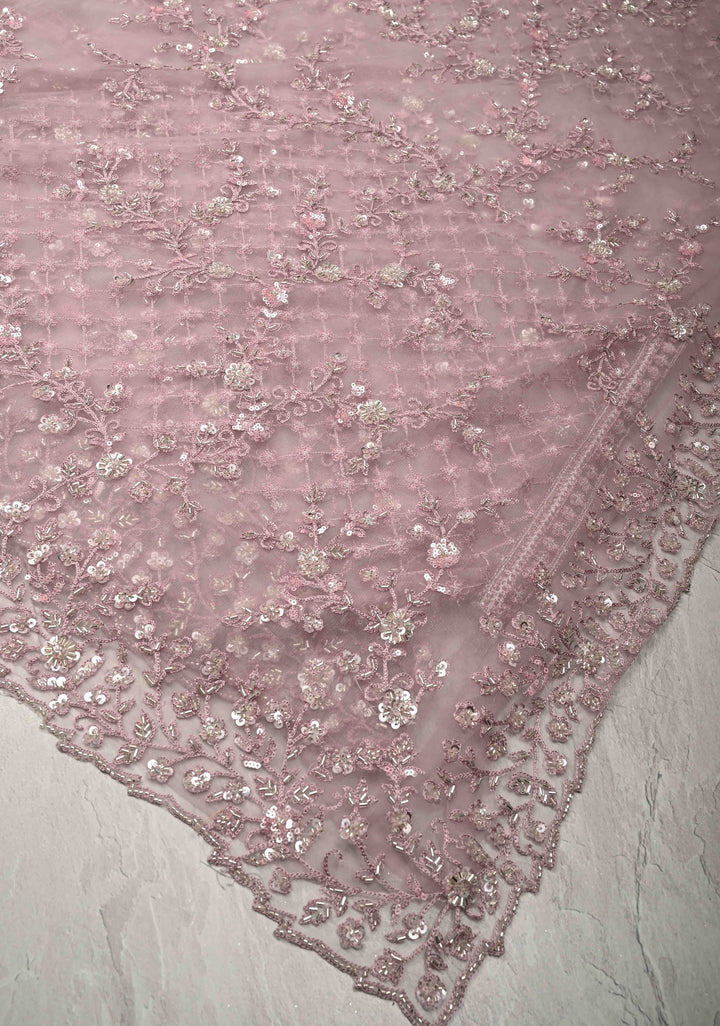 Dusty Mauve Floral jaal on Net Saree with Sequins, Cutdana Handwork and Scallop Border