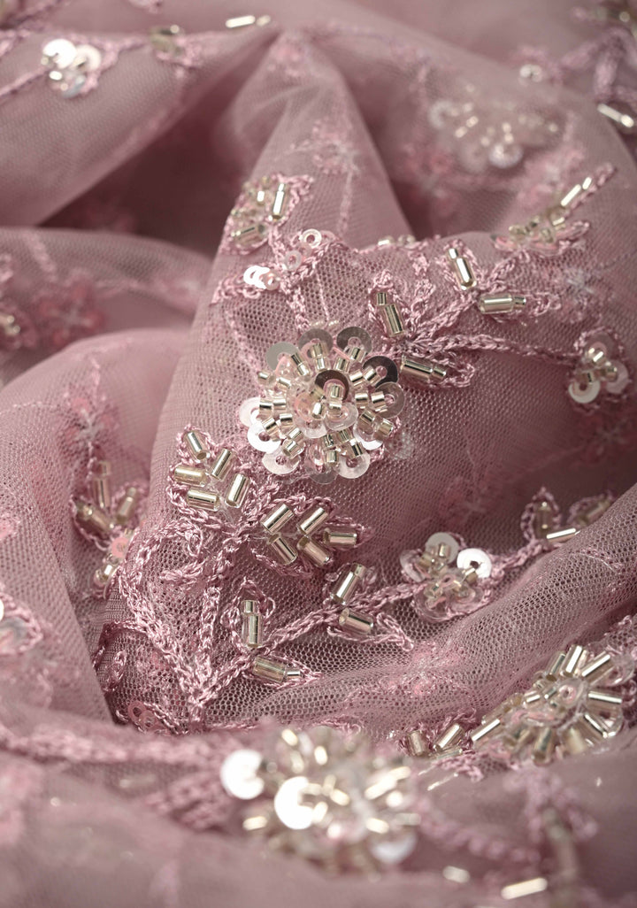 Dusty Mauve Floral jaal on Net Saree with Sequins, Cutdana Handwork and Scallop Border