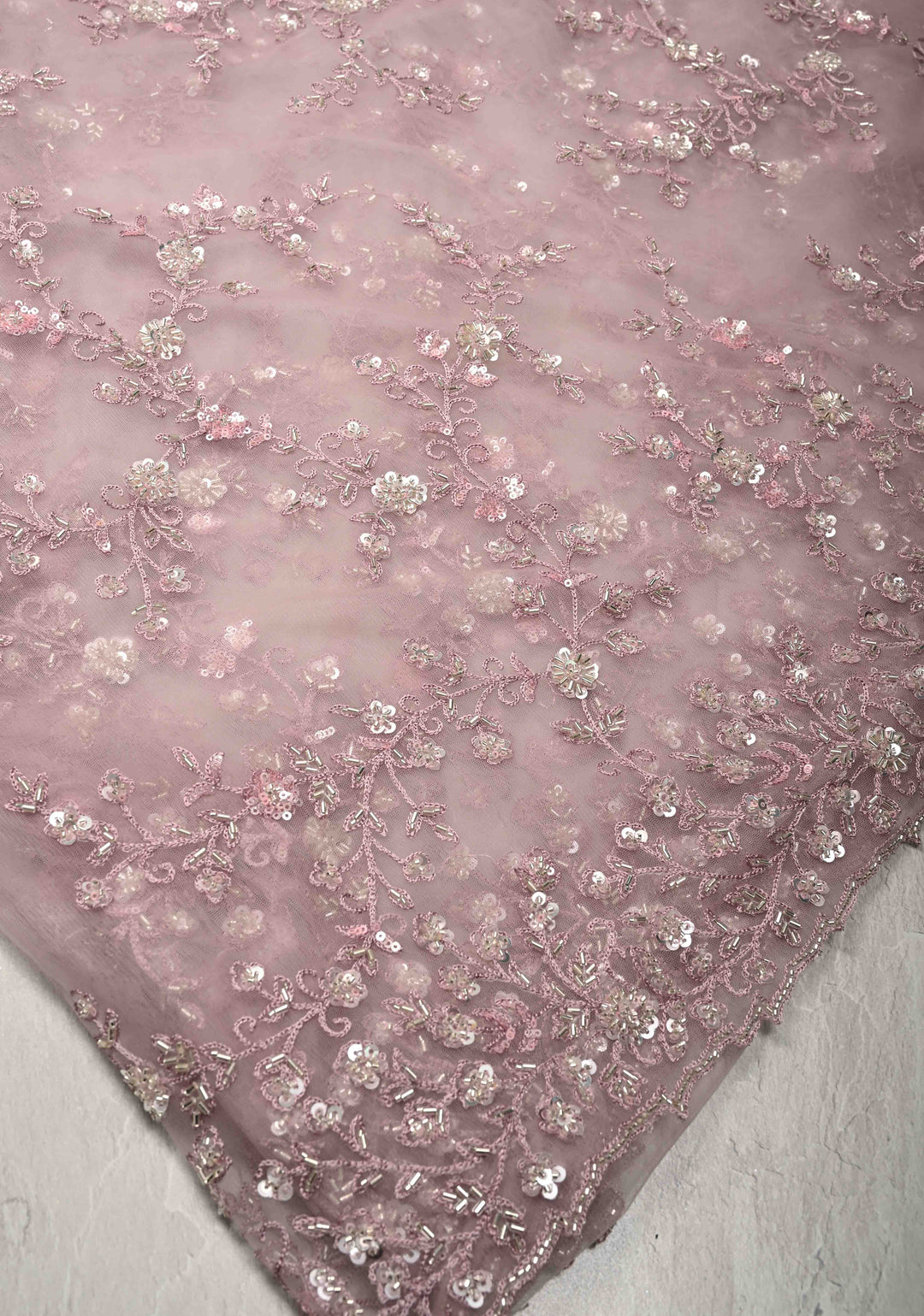 Dusty Mauve Floral jaal on Net Saree with Sequins, Cutdana Handwork and Scallop Border