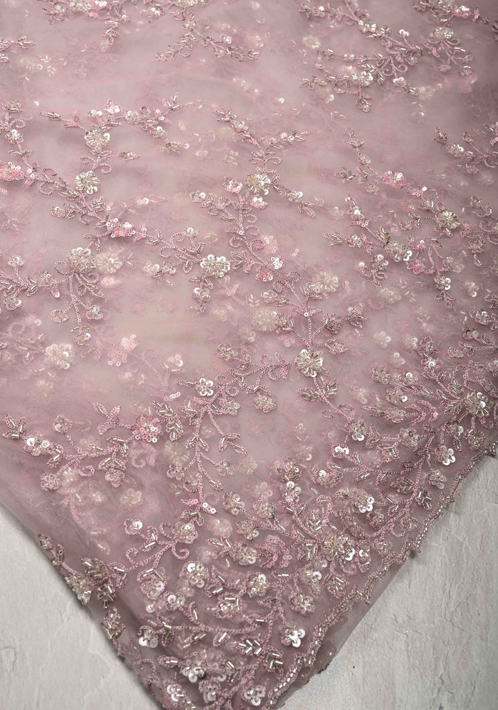 Dusty Mauve Floral jaal on Net Saree with Sequins, Cutdana Handwork and Scallop Border