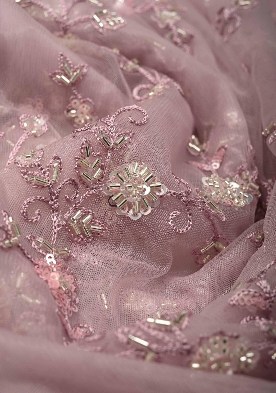 Dusty Mauve Floral jaal on Net Saree with Sequins, Cutdana Handwork and Scallop Border