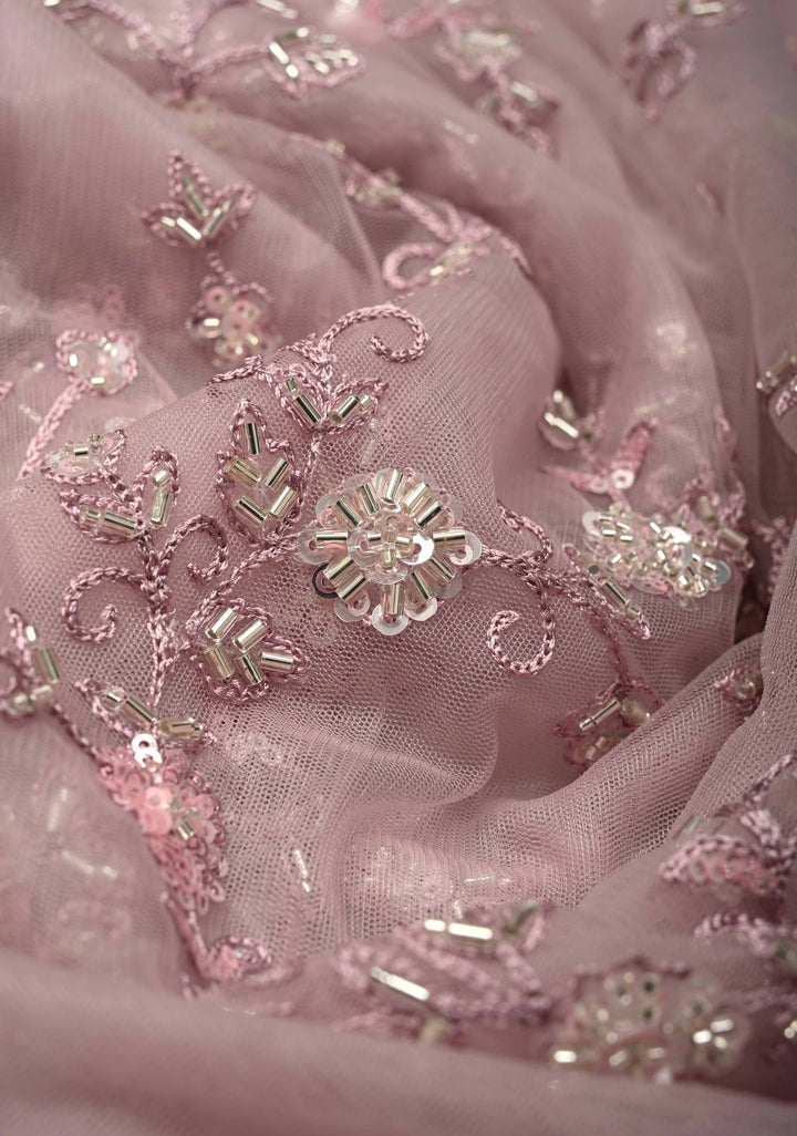 Dusty Mauve Floral jaal on Net Saree with Sequins, Cutdana Handwork and Scallop Border