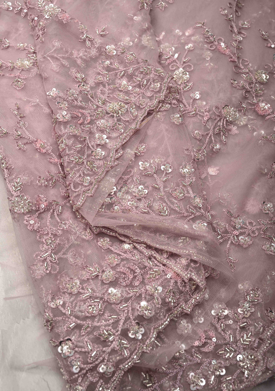 Dusty Mauve Floral jaal on Net Saree with Sequins, Cutdana Handwork and Scallop Border