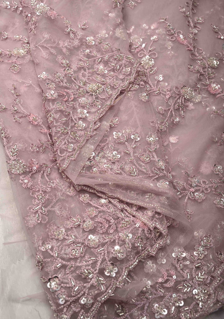 Dusty Mauve Floral jaal on Net Saree with Sequins, Cutdana Handwork and Scallop Border
