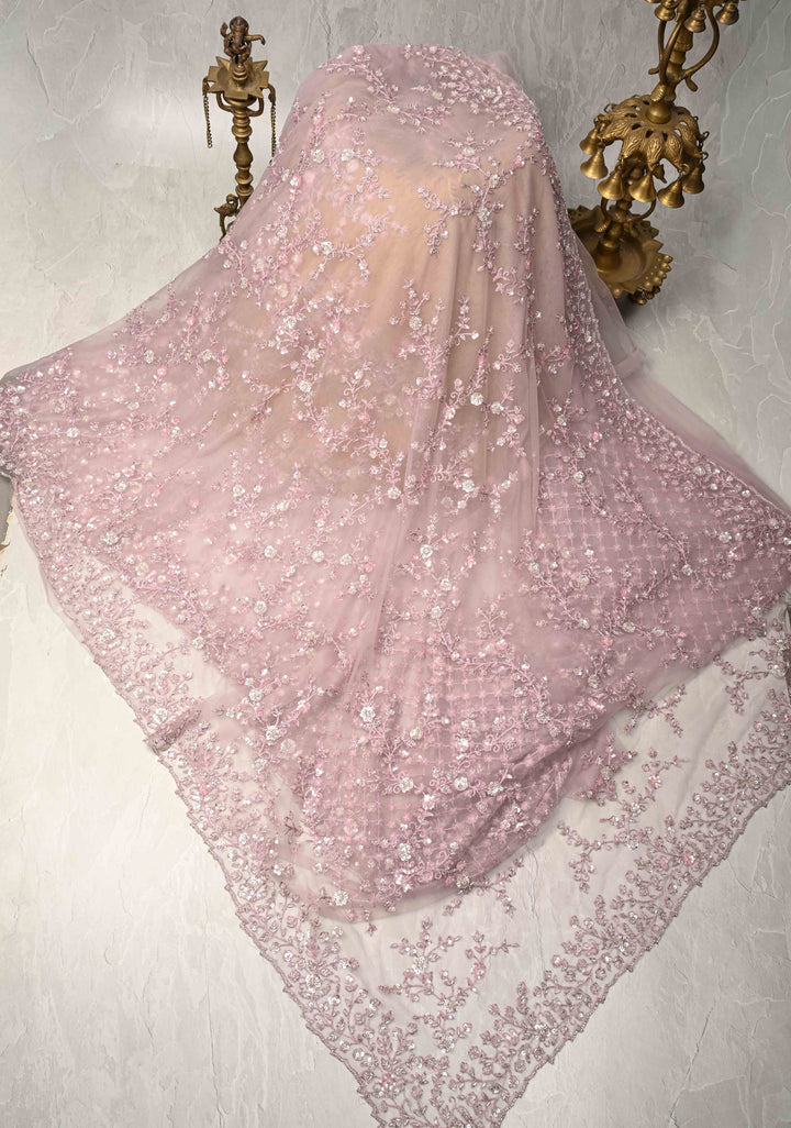 Dusty Mauve Floral jaal on Net Saree with Sequins, Cutdana Handwork and Scallop Border