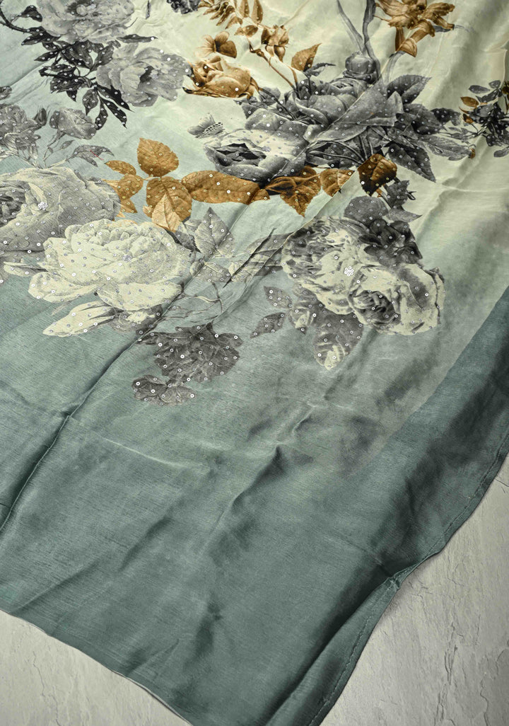 Cream-Gray Satin Georgette Saree with Floral Digital Print and Sequins
