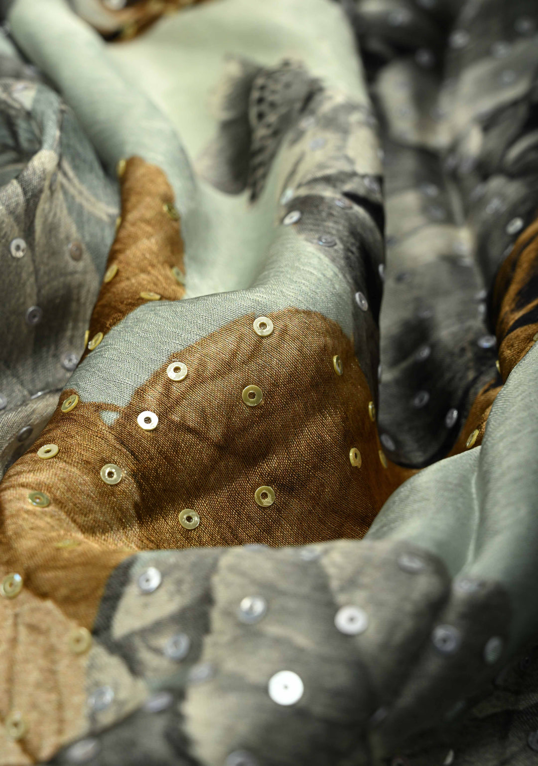 Cream-Gray Satin Georgette Saree with Floral Digital Print and Sequins