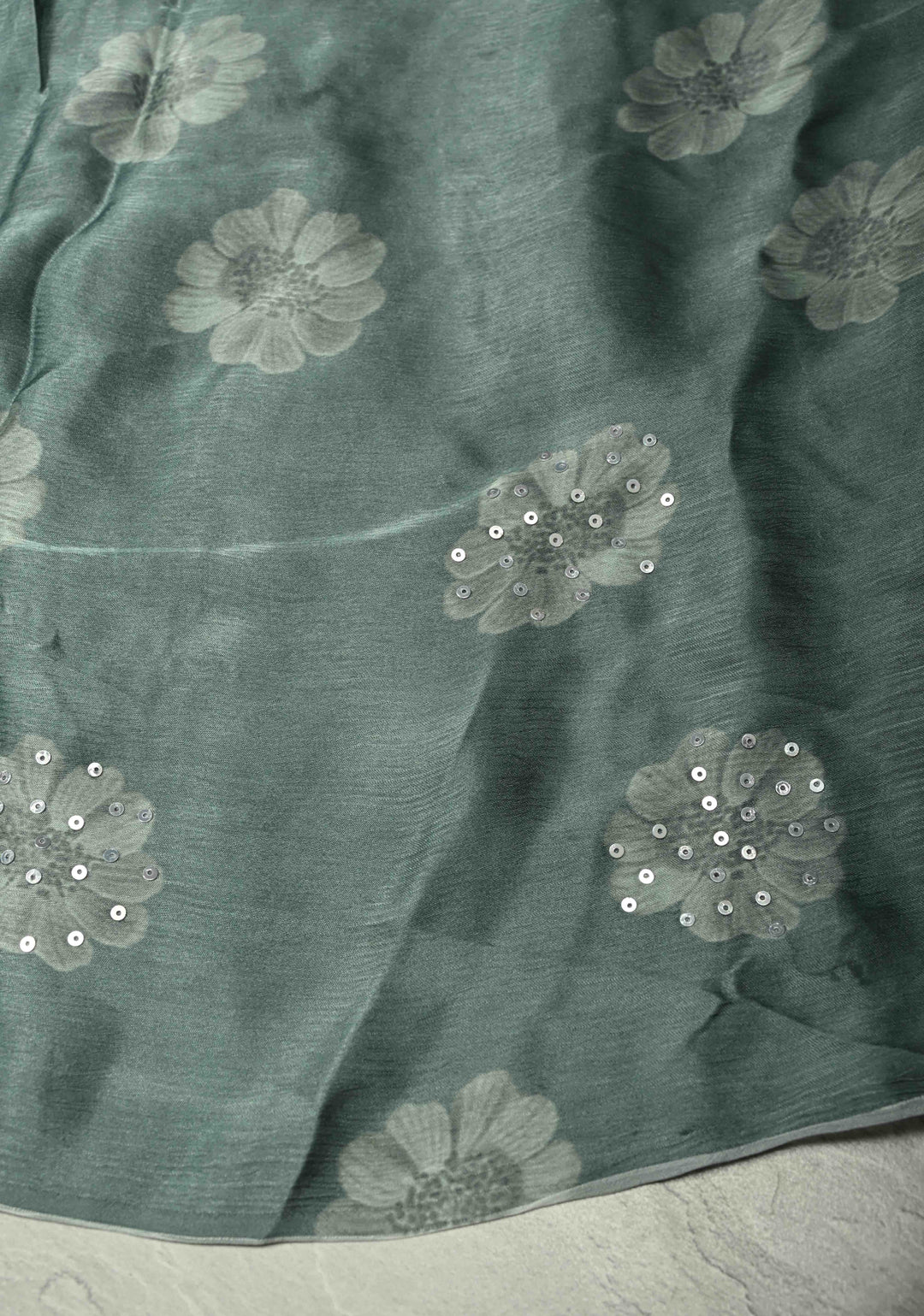 Cream-Gray Satin Georgette Saree with Floral Digital Print and Sequins