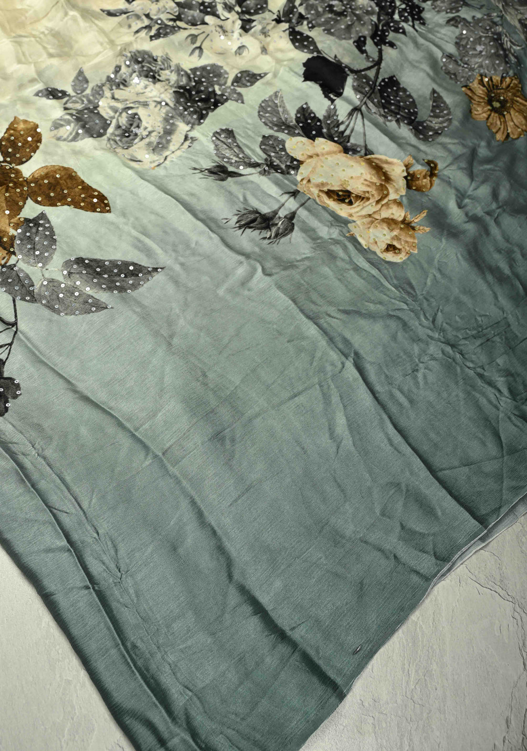 Cream-Gray Satin Georgette Saree with Floral Digital Print and Sequins