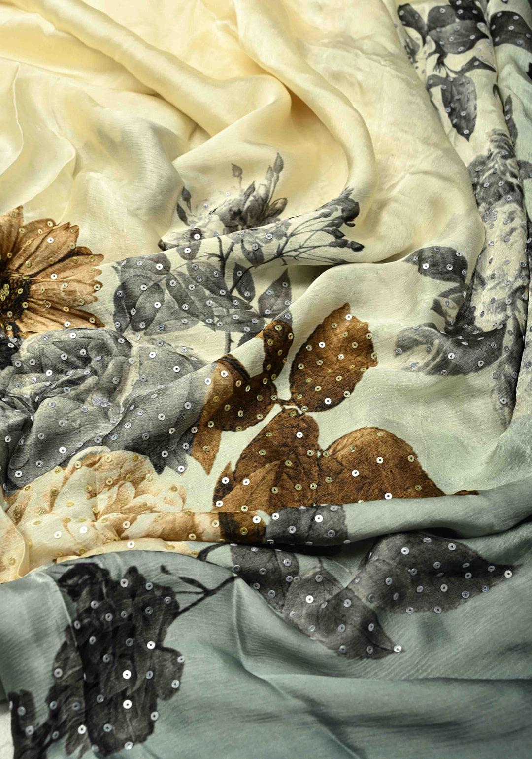 Cream-Gray Satin Georgette Saree with Floral Digital Print and Sequins