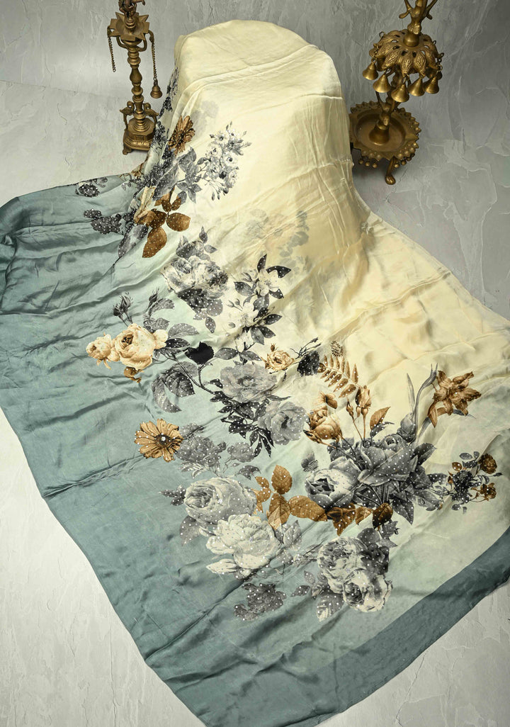 Cream-Gray Satin Georgette Saree with Floral Digital Print and Sequins