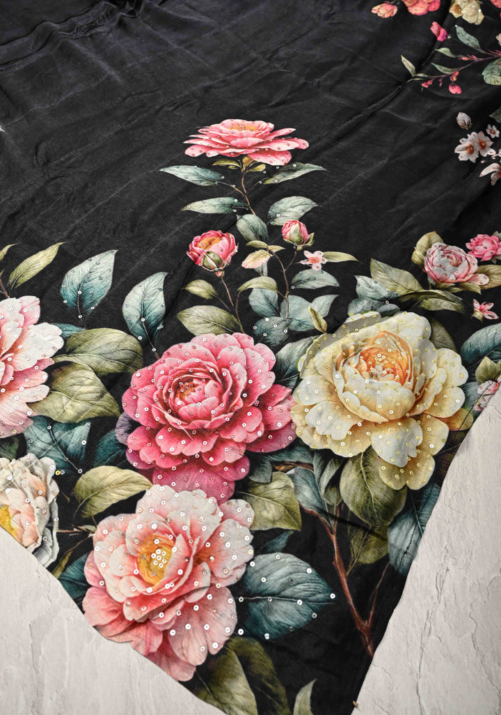 Black Satin Georgette Saree with Floral Digital Print and Sequins Detailing