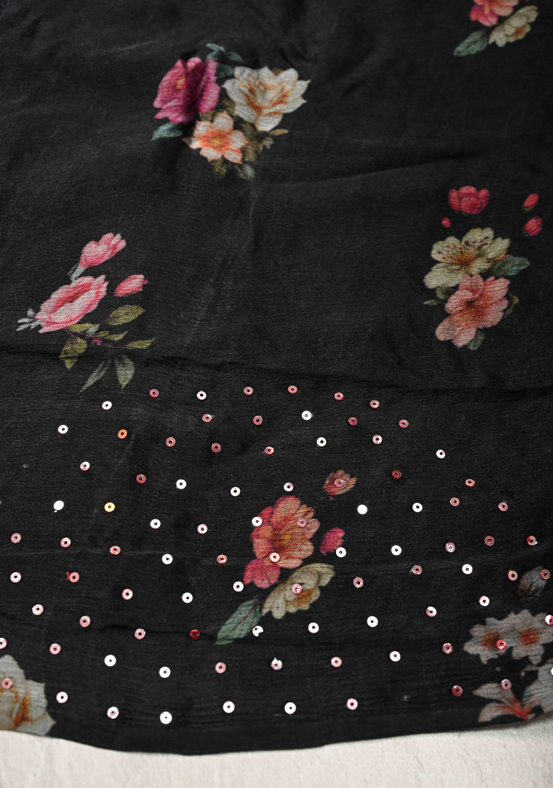 Black Satin Georgette Saree with Floral Digital Print and Sequins Detailing