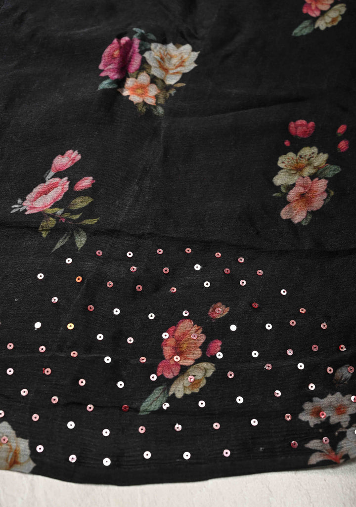 Black Satin Georgette Saree with Floral Digital Print and Sequins Detailing