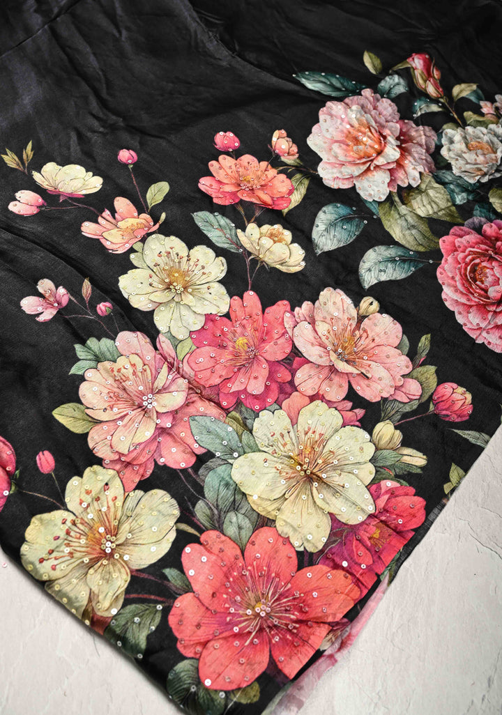 Black Satin Georgette Saree with Floral Digital Print and Sequins Detailing