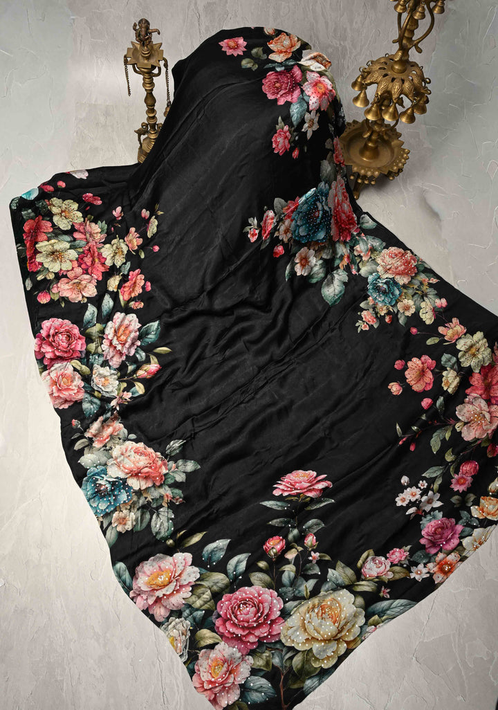 Black Satin Georgette Saree with Floral Digital Print and Sequins Detailing