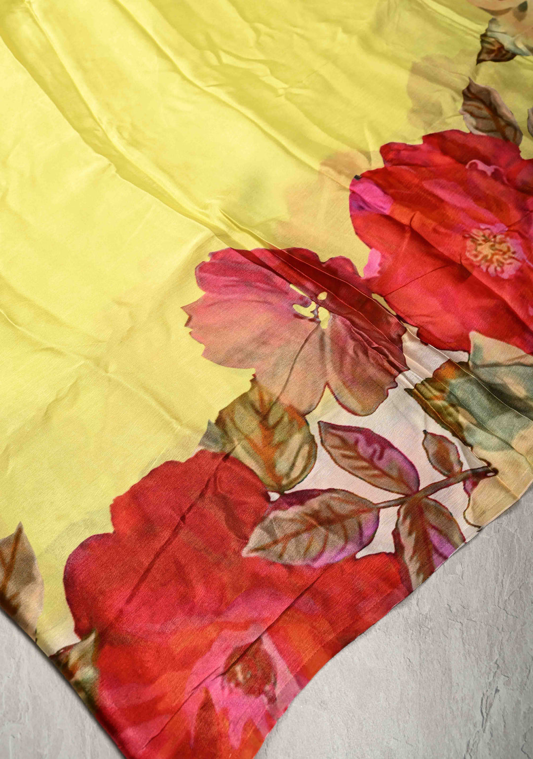 Butter Yellow Satin Georgette Saree Floral Digital Print
