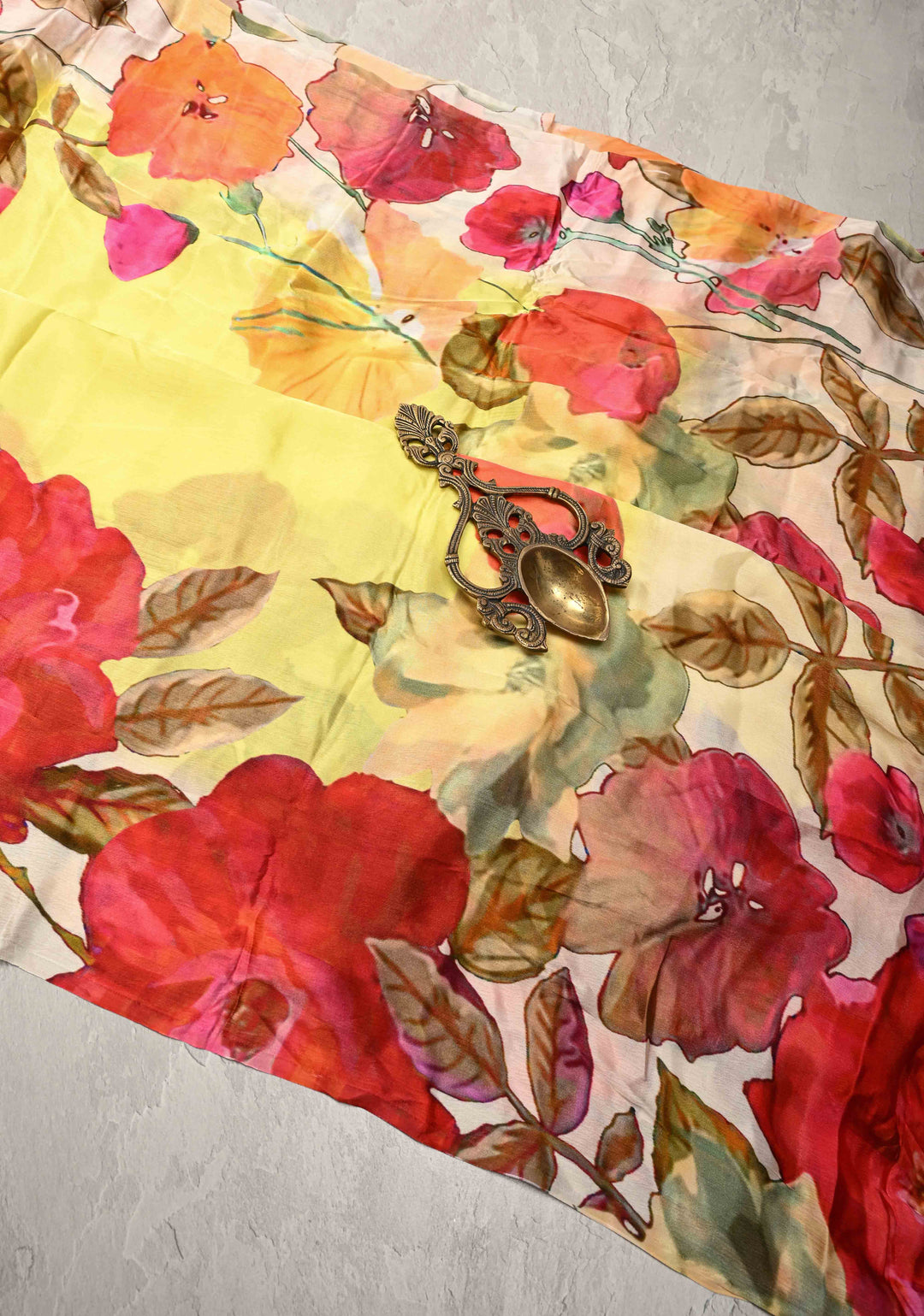 Butter Yellow Satin Georgette Saree Floral Digital Print