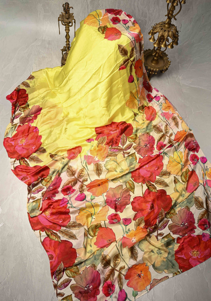 Butter Yellow Satin Georgette Saree Floral Digital Print