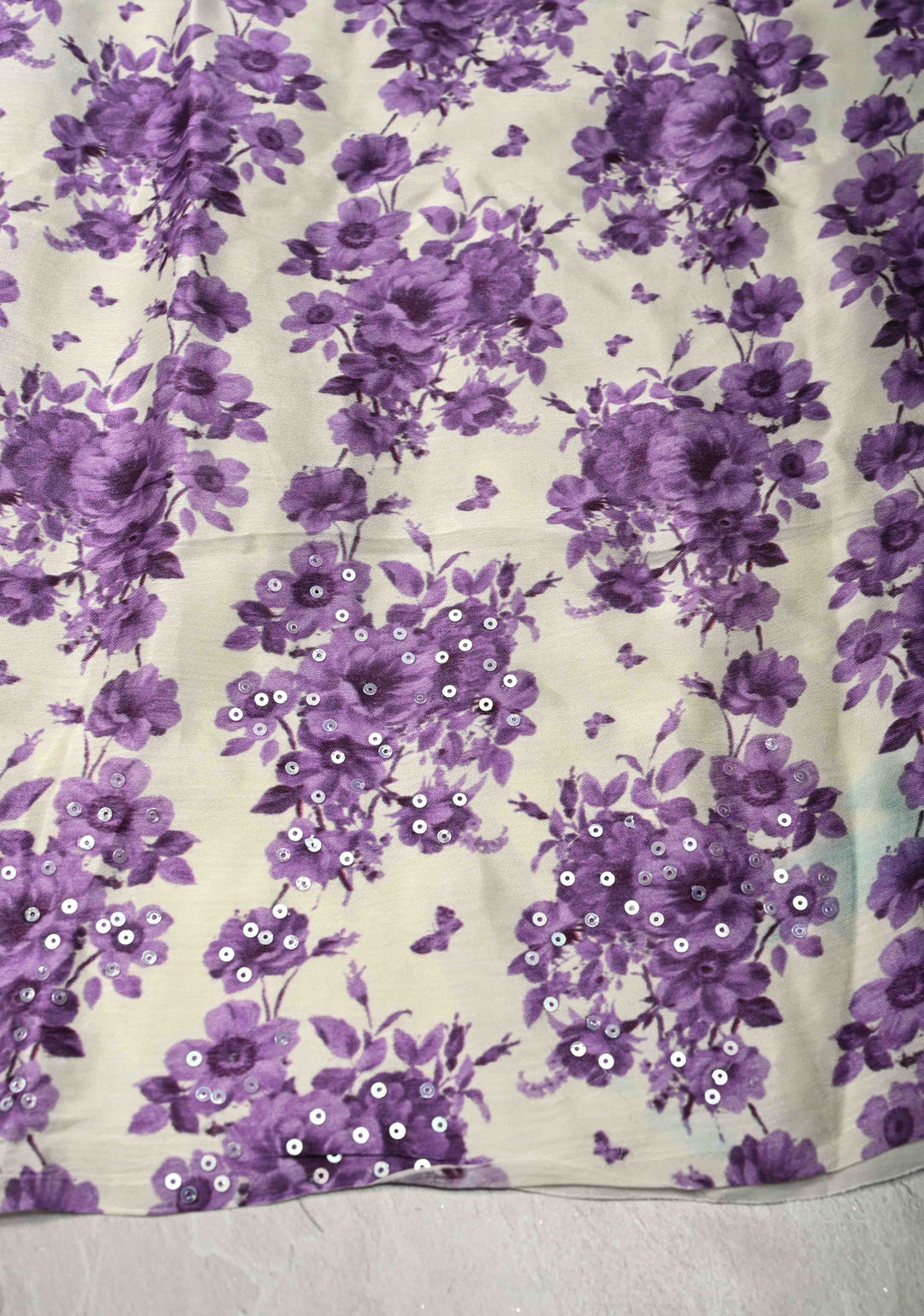 Ivory Satin Georgette Saree with Lavender Floral Digital Print