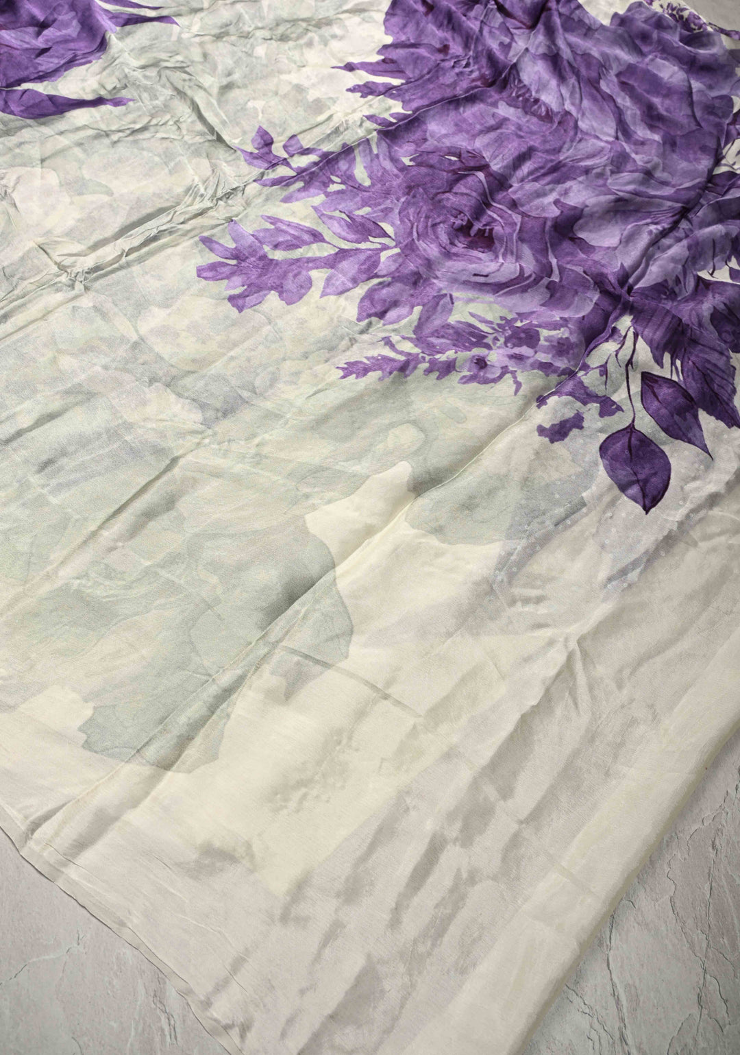 Ivory Satin Georgette Saree with Lavender Floral Digital Print