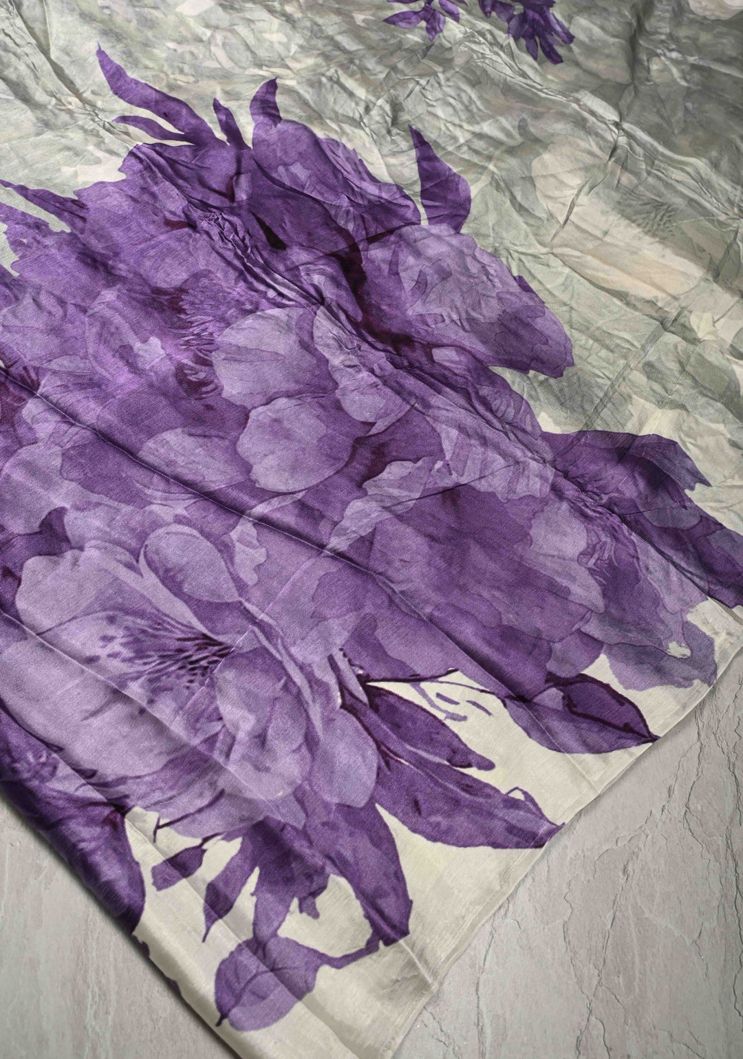 Ivory Satin Georgette Saree with Lavender Floral Digital Print