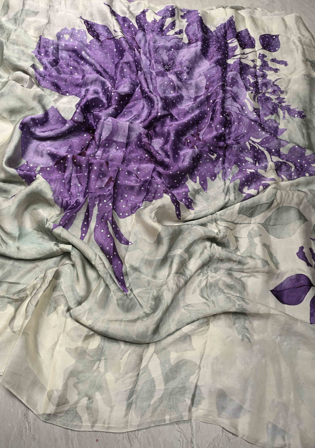 Ivory Satin Georgette Saree with Lavender Floral Digital Print