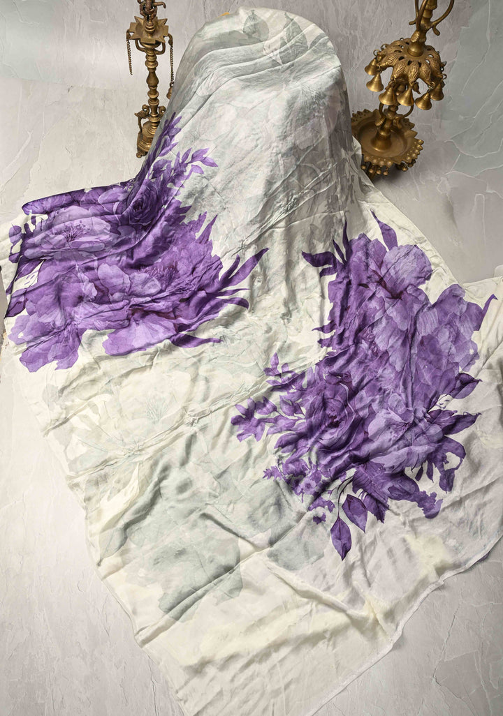 Ivory Satin Georgette Saree with Lavender Floral Digital Print