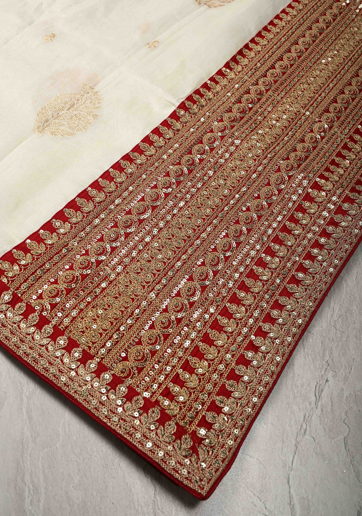 White Viscose Saree with Floral Buttas and Fancy Lace Trim Border