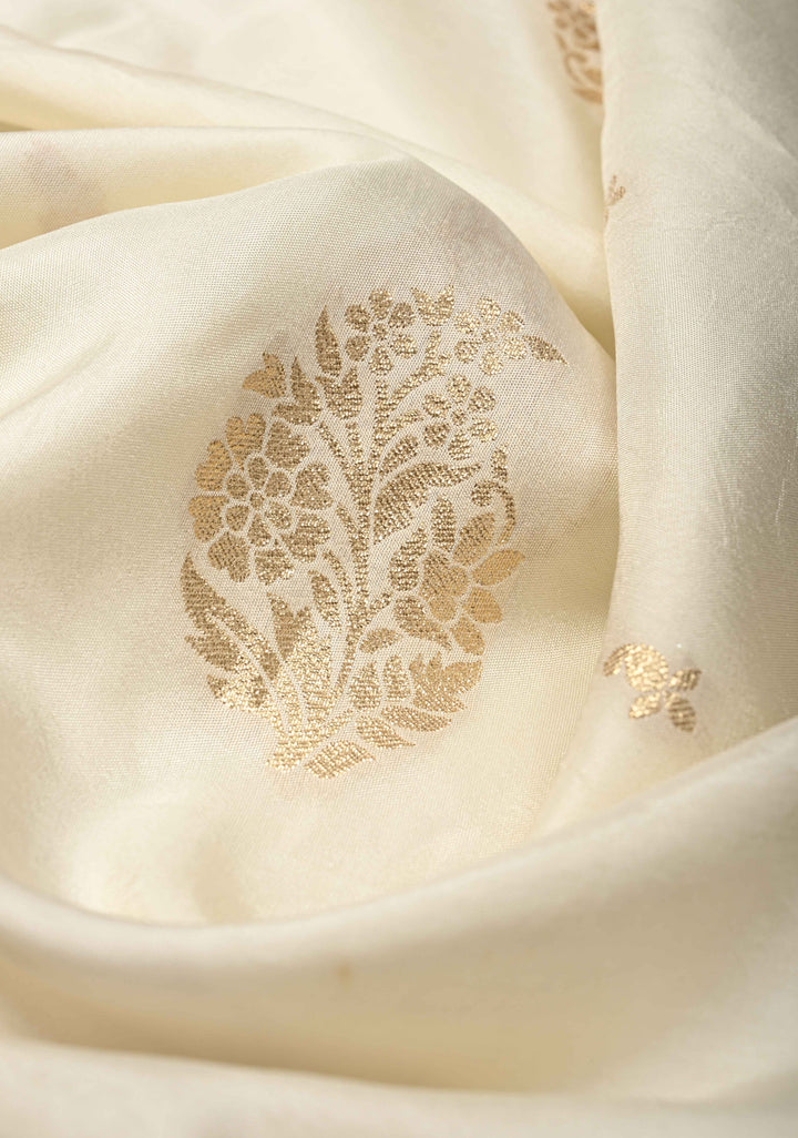 White Viscose Saree with Floral Buttas and Fancy Lace Trim Border