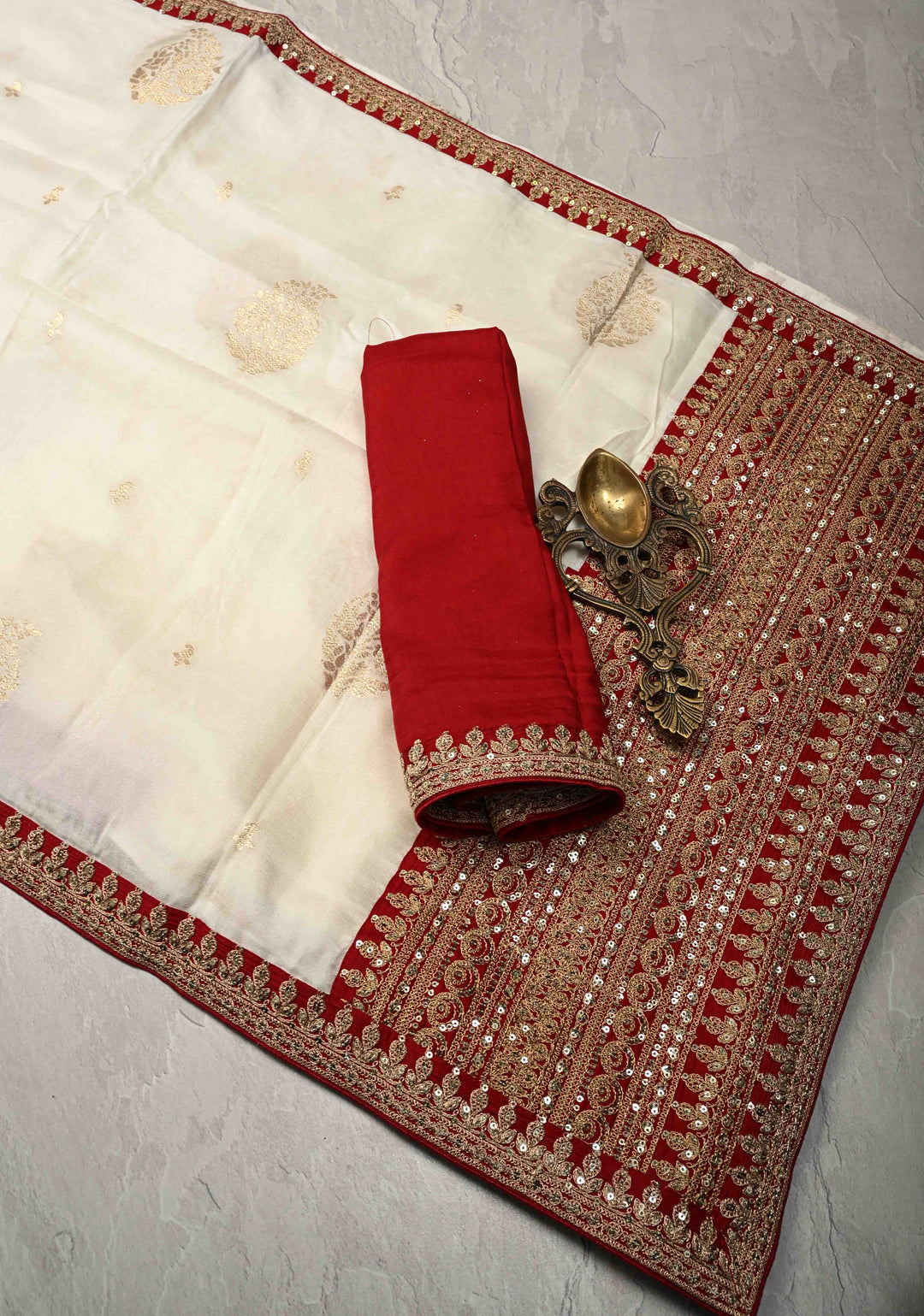 White Viscose Saree with Floral Buttas and Fancy Lace Trim Border