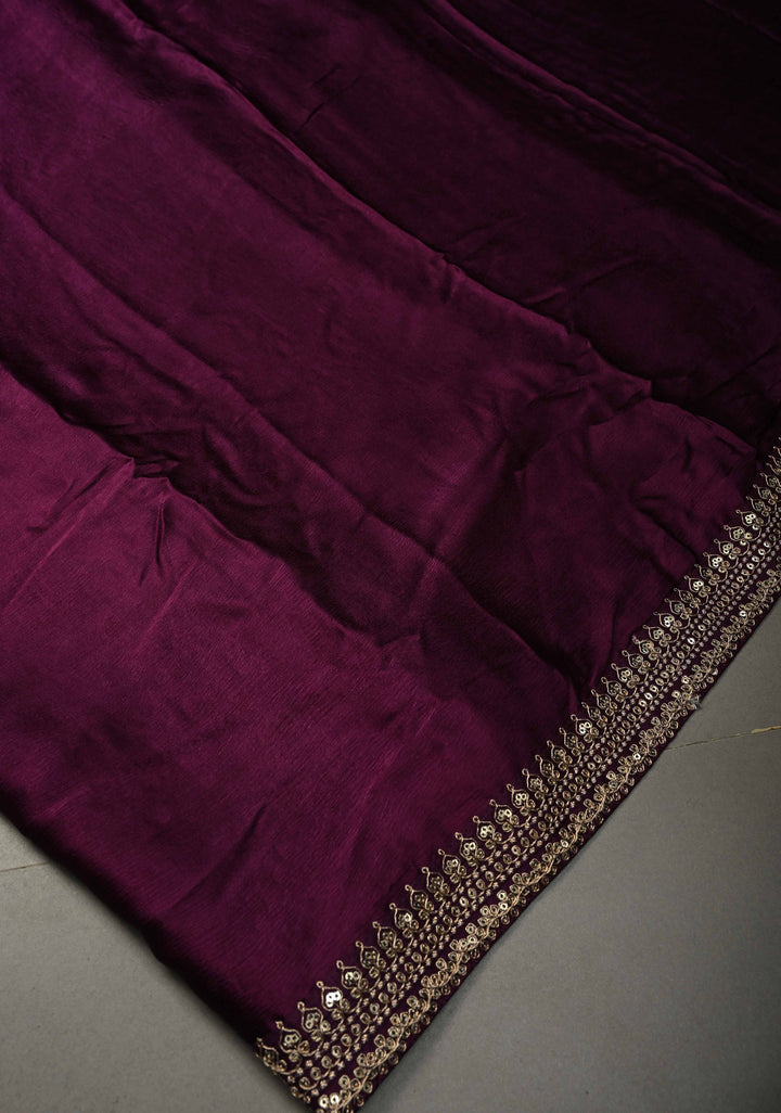 Purple Satin Georgette Saree with Fancy Lace Border and Meenakari Floral Blouse Piece | SHOBITAM