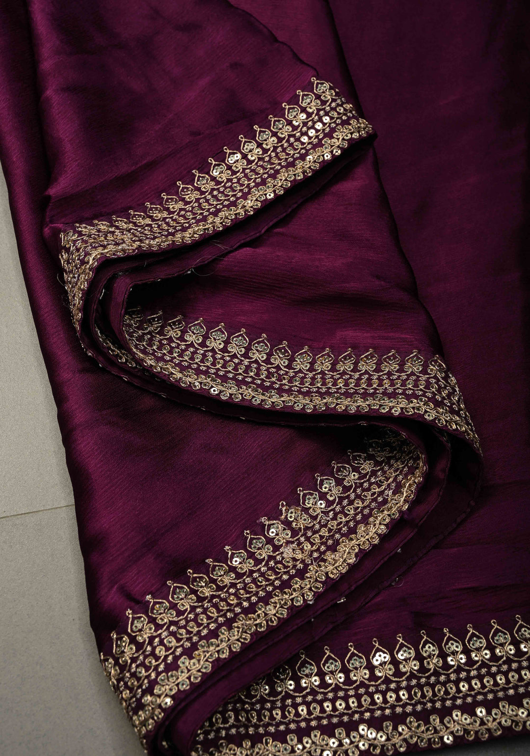 Purple Satin Georgette Saree with Fancy Lace Border and Meenakari Floral Blouse Piece | SHOBITAM