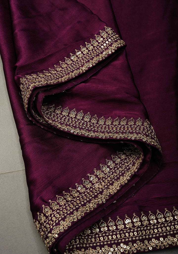 Purple Satin Georgette Saree with Fancy Lace Border and Meenakari Floral Blouse Piece | SHOBITAM