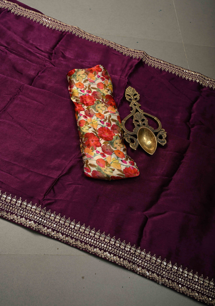 Purple Satin Georgette Saree with Fancy Lace Border and Meenakari Floral Blouse Piece | SHOBITAM