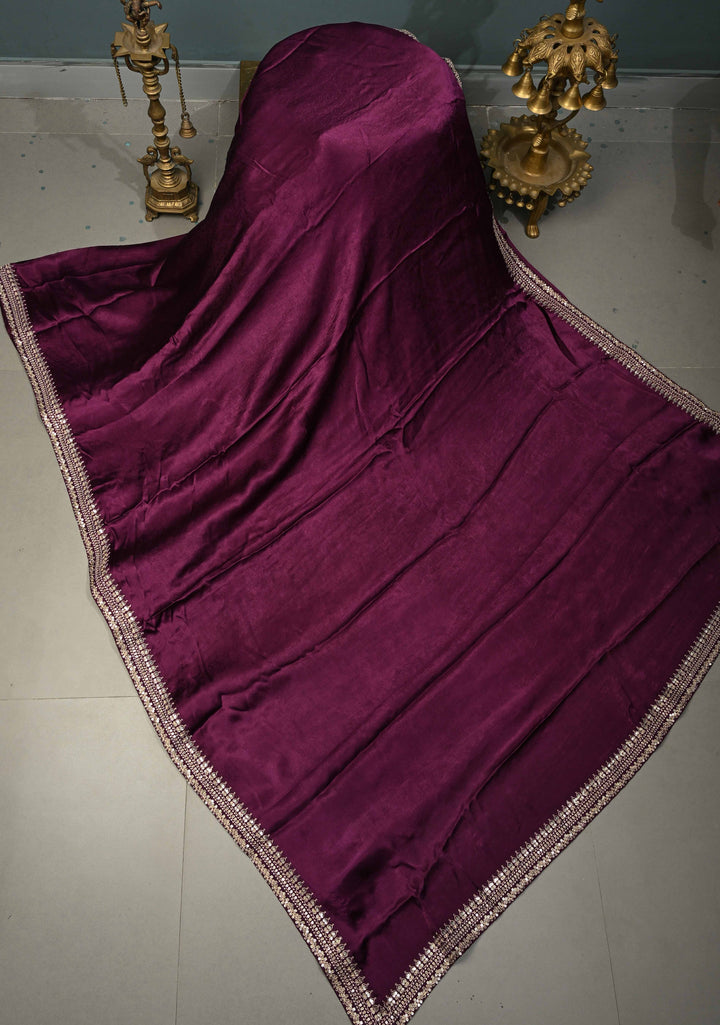 Purple Satin Georgette Saree with Fancy Lace Border and Meenakari Floral Blouse Piece | SHOBITAM