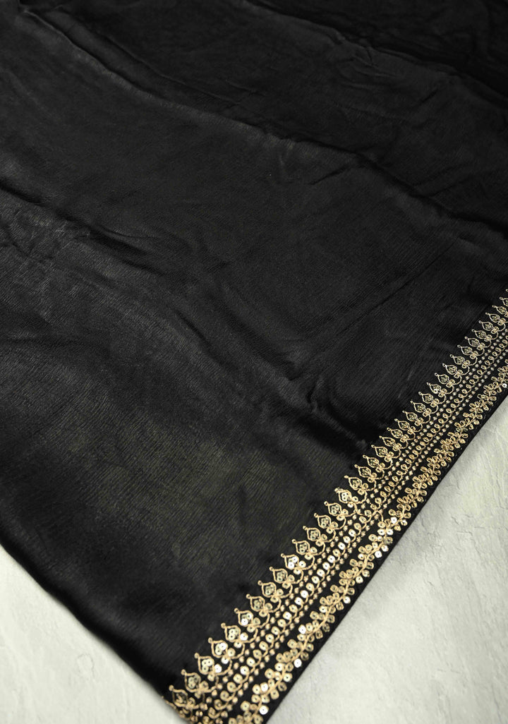Stunning Black Satin Georgette Saree with Fancy Lace Border and Velvet Butti Blouse