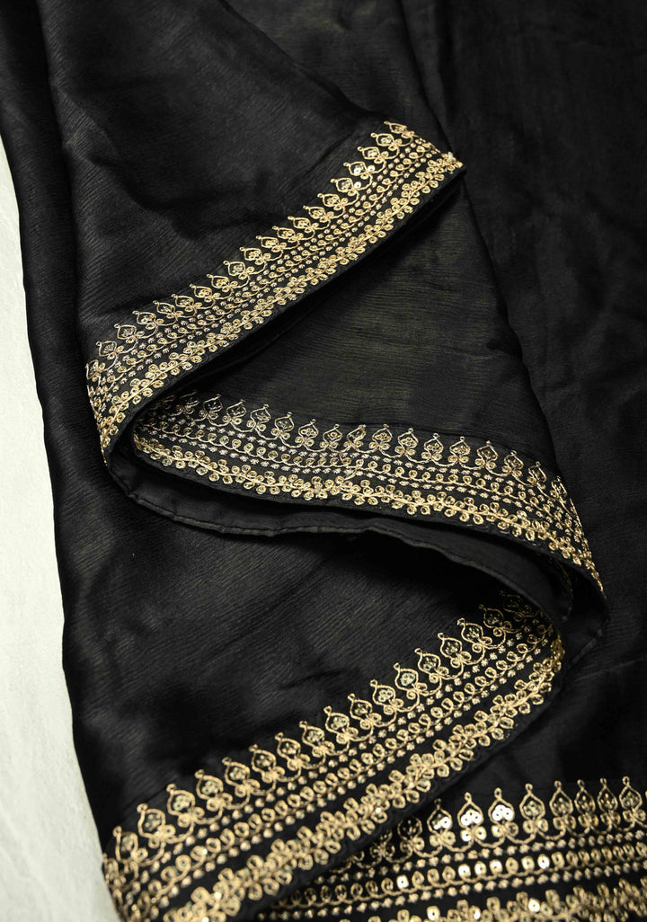 Stunning Black Satin Georgette Saree with Fancy Lace Border and Velvet Butti Blouse