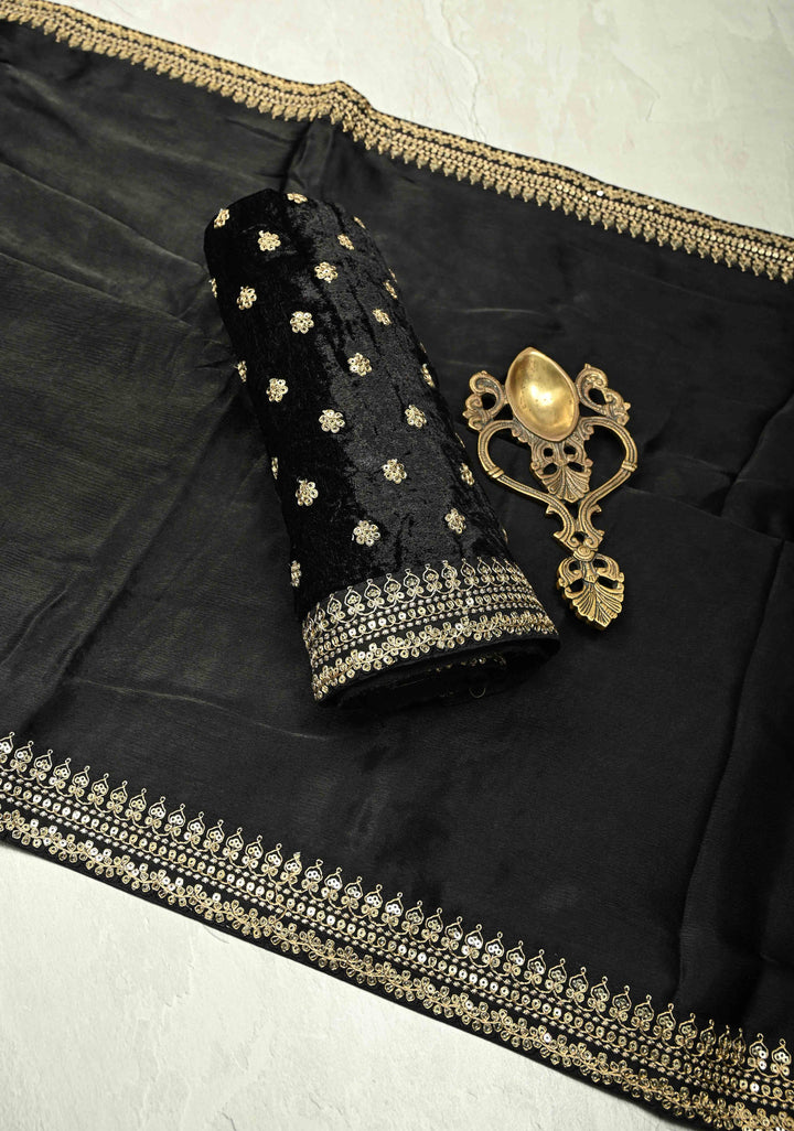 Stunning Black Satin Georgette Saree with Fancy Lace Border and Velvet Butti Blouse