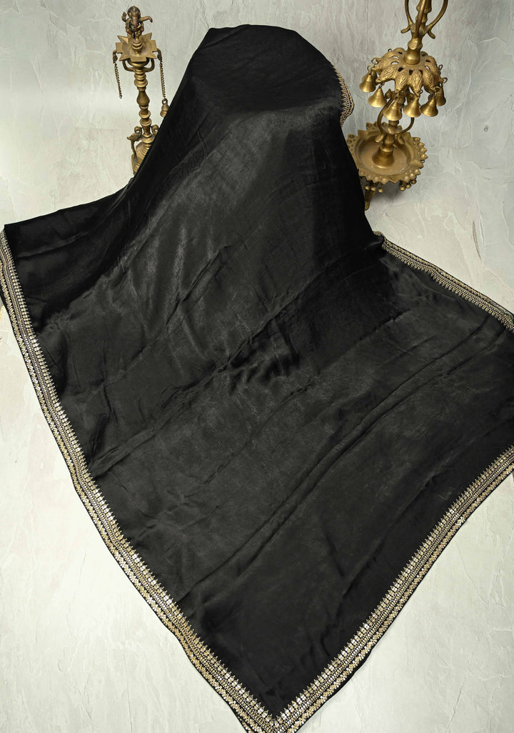 Stunning Black Satin Georgette Saree with Fancy Lace Border and Velvet Butti Blouse
