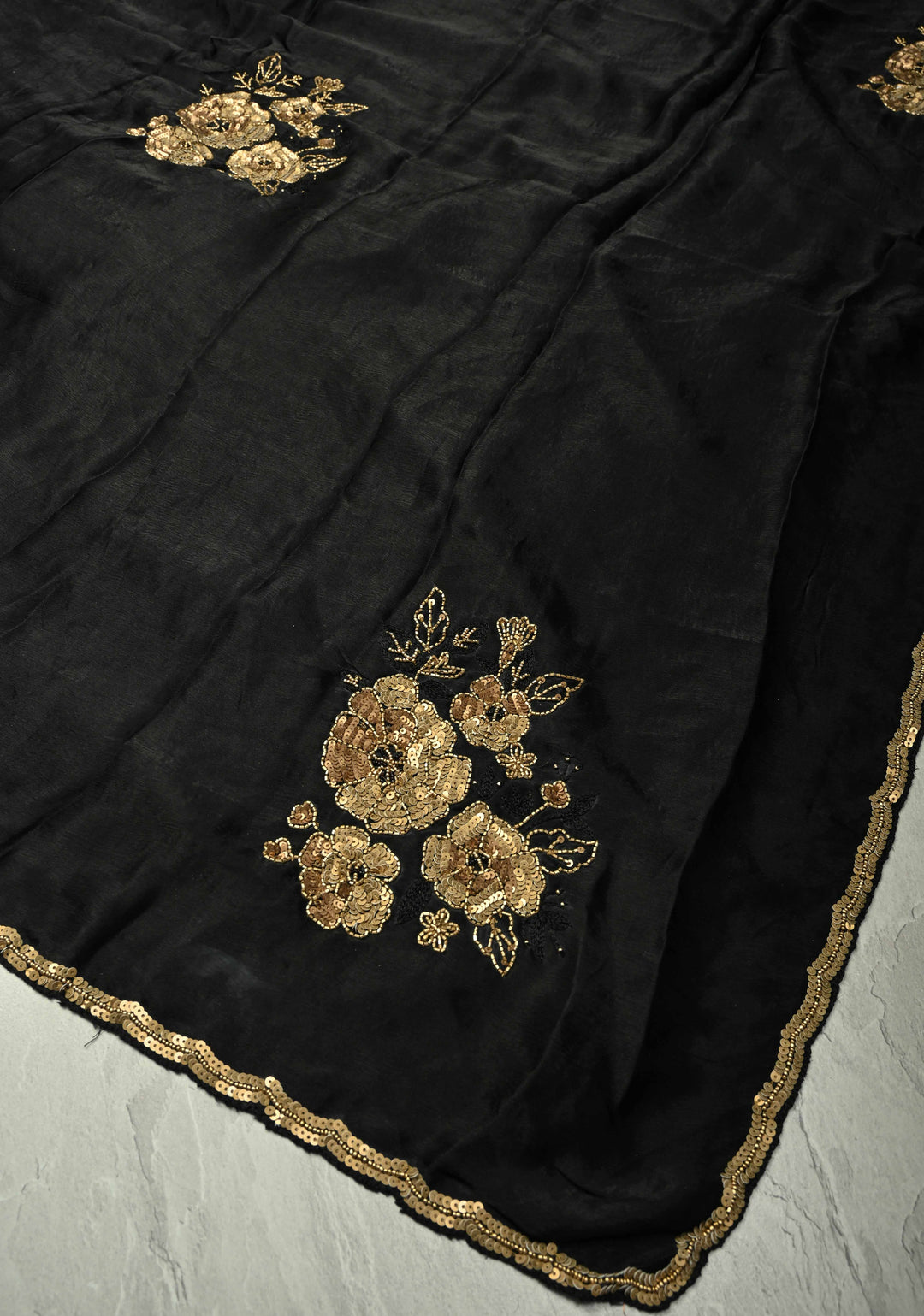 Black Satin Georgette Saree with Antique Matte Finish Cutdana, Sequins and Moti Embellishment and Scallop Border