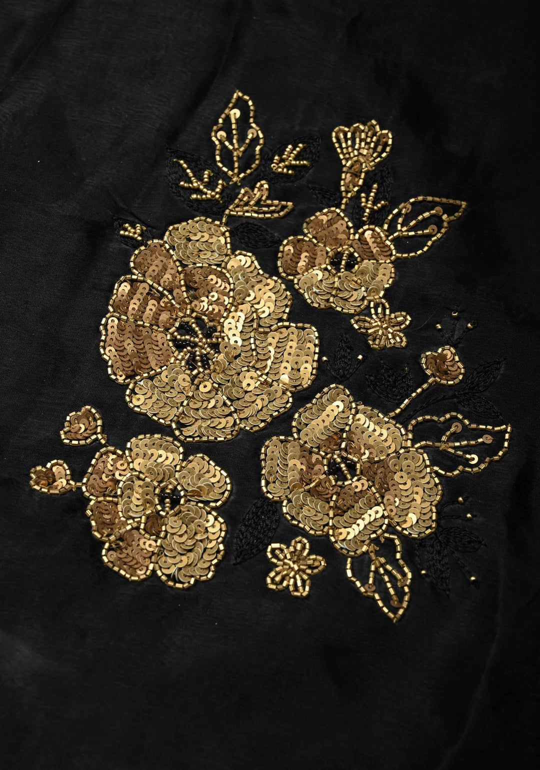 Black Satin Georgette Saree with Antique Matte Finish Cutdana, Sequins and Moti Embellishment and Scallop Border
