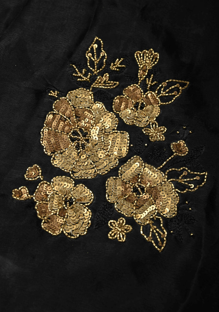 Black Satin Georgette Saree with Antique Matte Finish Cutdana, Sequins and Moti Embellishment and Scallop Border