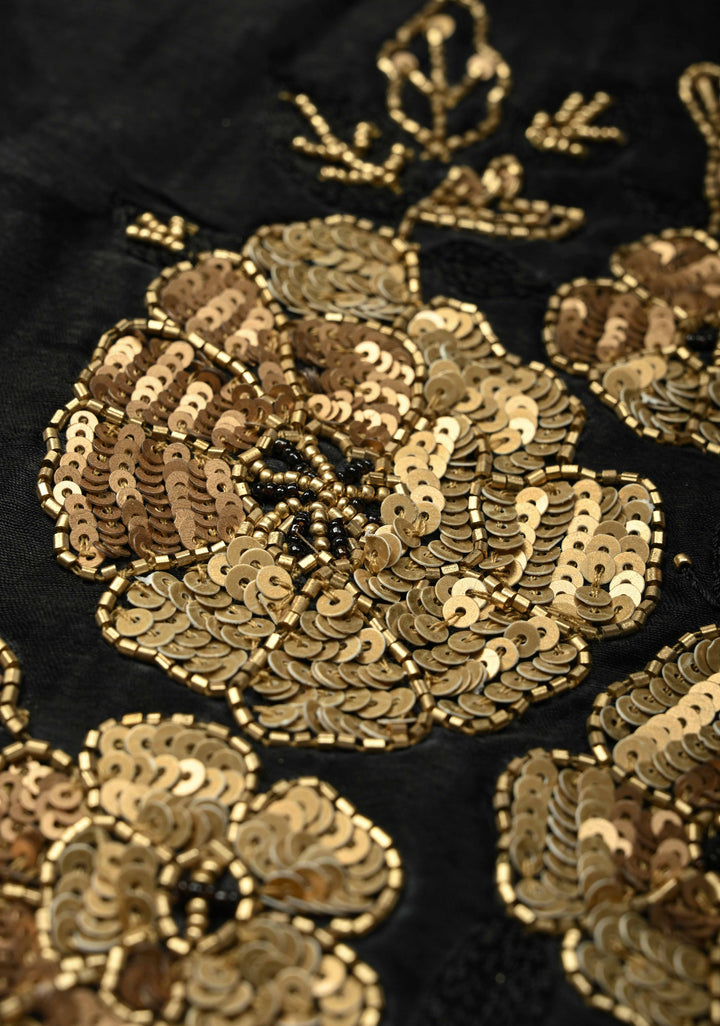 Black Satin Georgette Saree with Antique Matte Finish Cutdana, Sequins and Moti Embellishment and Scallop Border