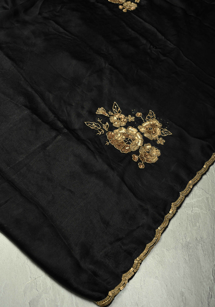 Black Satin Georgette Saree with Antique Matte Finish Cutdana, Sequins and Moti Embellishment and Scallop Border