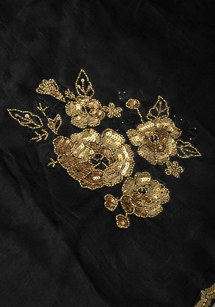 Black Satin Georgette Saree with Antique Matte Finish Cutdana, Sequins and Moti Embellishment and Scallop Border